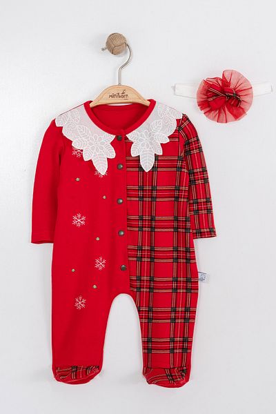 MİNİBORN New Born Girl Long Sleeve Red Collar Detail Jumpsuit Set