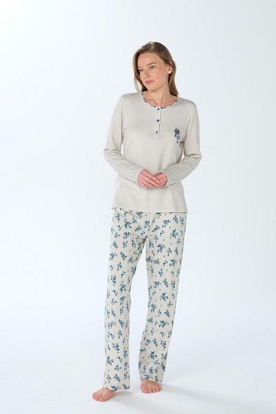 Feyza Women's Plus Size Long Sleeve Blue Pajamas Set C4T9N3O7