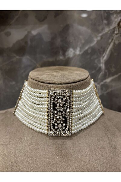Zeynep Özkan Tasarım Choker Cam İnci Elmas Montürlü Zirkon Taşlı Antik Bronz ...