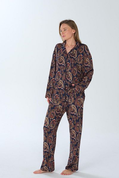 Feyza Women's Large Size Long Sleeve Shirt Collar Navy Pajamas Set C4T9N3O6