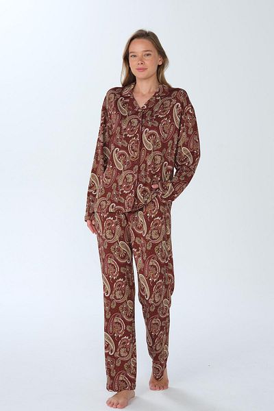 Feyza Women's Large Size Long Sleeve Shirt Collar Claret Red Pajamas Set C4T9N3O6