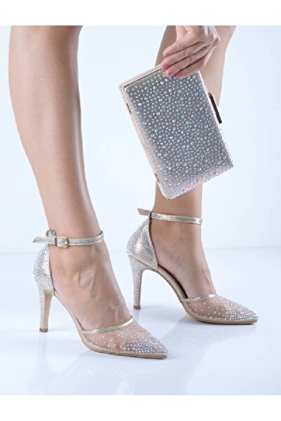 Şanslı Ayakkabıcılık Sarı Sıvama Fileli Taşlı Ince Topuklu Bilekten Bağlı Abiye Ayakkabı Çanta Takım