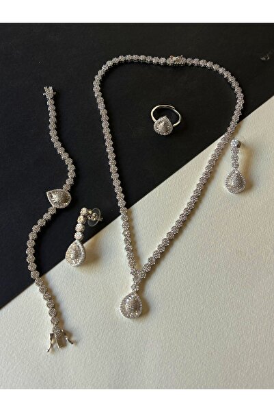 JEICON ATELIER Özel Tasarım Silver Çiçekli Tamamı Zirkon Taş İşlemeli Damla Model Küpe-Kolye-Yüzük-Bileklik Set