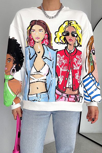 FEMELLE Women's White 3 Thread Raised Printed Oversize Cotton Sweatshirt