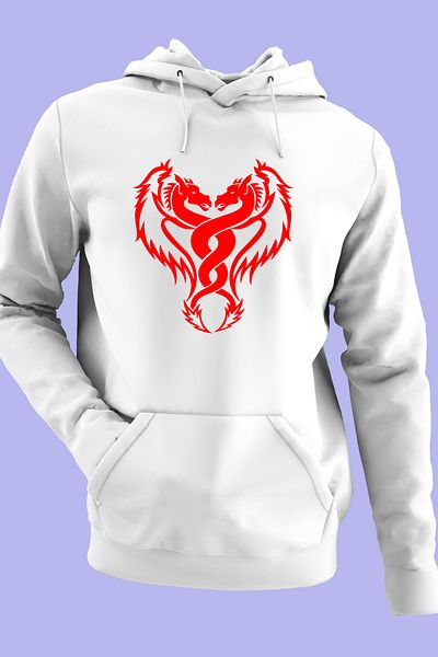 Raf Coll Unisex Oversize Μαύρο φούτερ με κουκούλα Dragon Drago Design Ψηφιακό εμπριμέ με δύο κλωστές Fleece