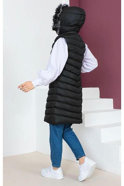 moda armanc Furry Hooded Long Puffer Vest
