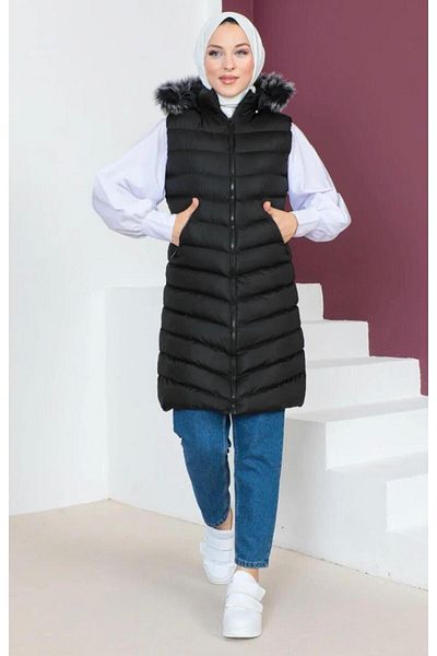 moda armanc Furry Hooded Long Puffer Vest