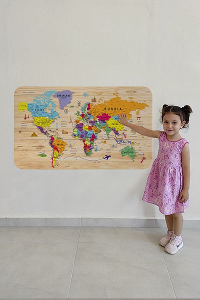 Doğal Tercih Wooden Look Educational Detailed Atlas Decorative World Map Wall Sticker 3842