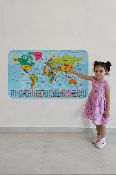 Doğal Tercih World Map Educational Country Flag Turkish Map Children's Room Teenager's Room Wall Sticker 3865B