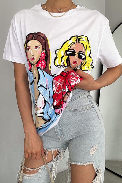 FEMELLE Tricou alb din bumbac imprimat pentru femei