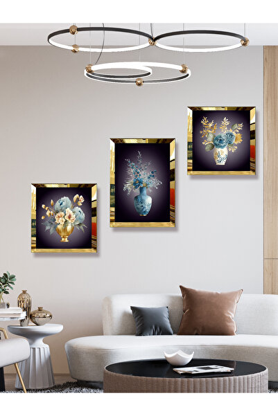 YALOVA SHOP Dekoratif Suluboya Vazolu Çiçek Çalışması,3 lü Tablo Seti (Pleksi Çerçeve Seçenekli)