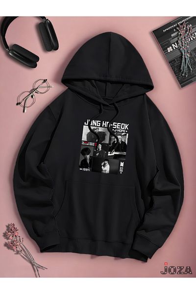 Joza Outdoors Unisex Γυναικεία Ανδρικά Φούτερ Basic Jung Ho Seok Bts με εμπριμέ μαύρη ανασηκωμένη κουκούλα φλις