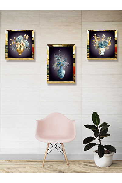 YALOVA SHOP Dekoratif Suluboya Vazolu Çiçek Çalışması,3 lü Tablo Seti (Pleksi Çerçeve Seçenekli)