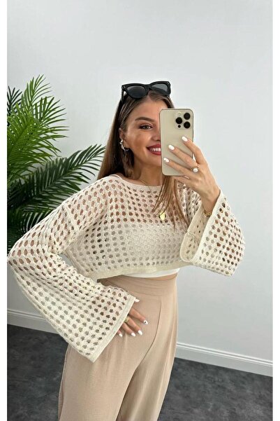 Azra Moda Style tricotaj cu aspect dantelat Crop din material subțire Pulover...