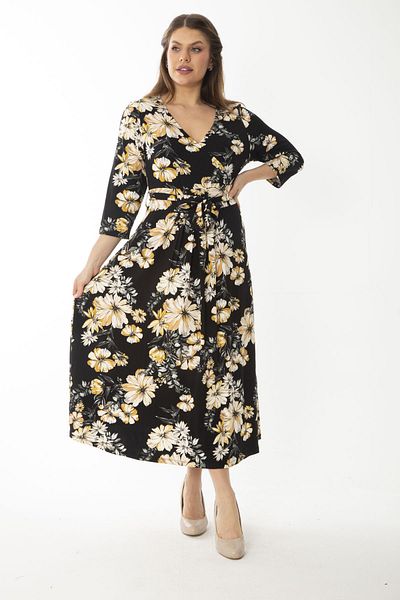 Şans Women's Large Size Black Wrap Collar Capri Sleeve Dress 65N37076
