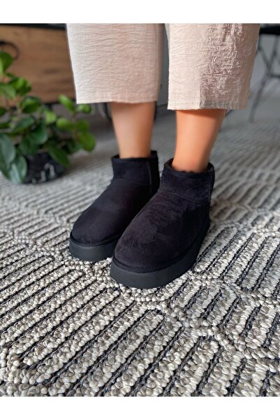 TRODONS Ultra Mini Süet Yarım Bot Düz ve Yüksek Taban İçi Kürklü Kadın Bot Ayakkabı