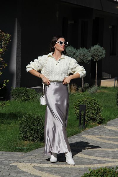 Julishop Fustă lungă maxi lungă, gri deschis, din satin de bumbac premium, cu elastic