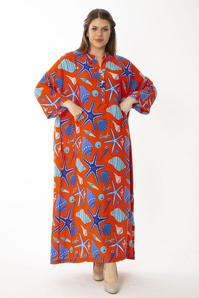 Şans Women's Large Size Red Woven Viscose Fabric Front Buttoned Long Sleeve Dress 65N37091