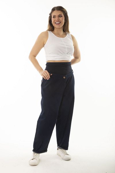 Şans Women's Large Size Navy Blue Viscose Bodice Maternity Jeans with Side Pockets 65N37062