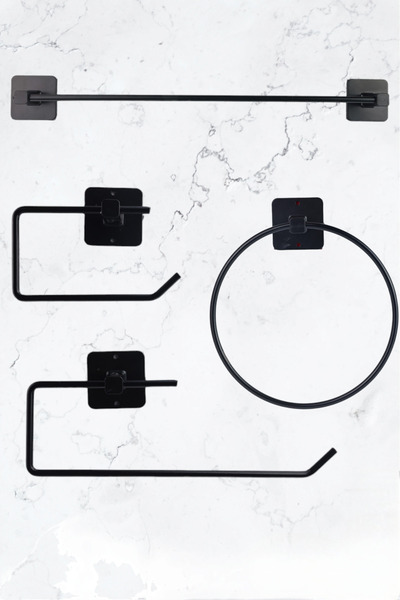 BUSEMSİ HOME Yapışkanlı 4 Lü Siyah Banyo Set Uzun Havluluk Rulo Havluluk Wc T...