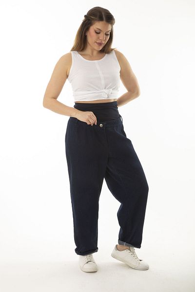 Şans Women's Large Size Navy Blue Viscose Bodice Maternity Jeans with Side Pockets 65N37062