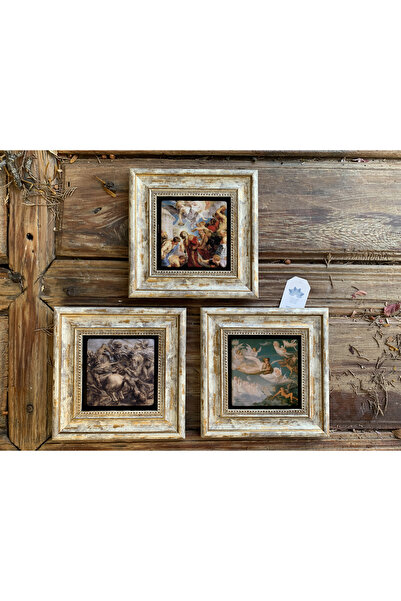 FİNS STONE DECOR Çerçeveli Taş Tablo 20x20 cm 3 Lü Set Rönesans Tabloları Set...