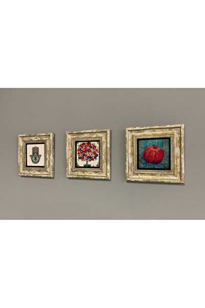 FİNS STONE DECOR Çerçeveli Taş Duvar Dekoru Tablo 20 x 20 cm 3 lü set Nar Ağacı Fatma Ana Eli Nar Hediyelik