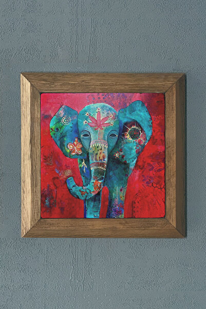 FİNS STONE DECOR Masif Çerçeveli Doğaltaş Tablo 28x28 cm Kırmızı Fil Red Elep...