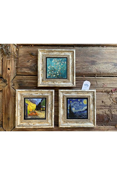 FİNS STONE DECOR Çerçeveli Taş Duvar Dekoru Tablo 3'lü Set 20x20cm Vincent Van Gogh Yıldızlı Gece Hediyelik