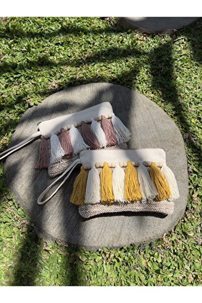 Dathcha Kadın Ham Keten Boncuklu Portföy Clutch Çanta 19x15 Cm