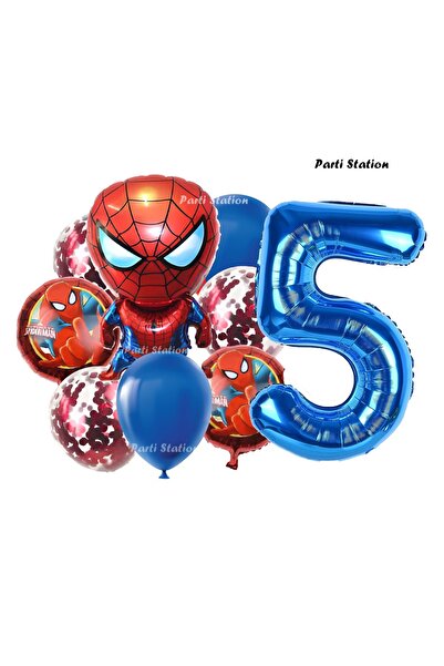 Parti Station Spiderman Yıldız Balonlu 5 Yaş Konsept Doğum Günü Balon Set Örü...