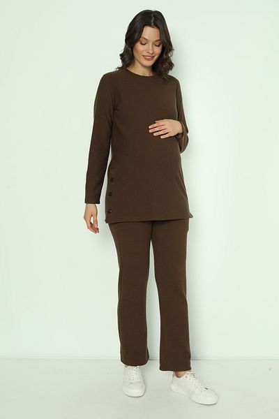Miss Dünya Lissa Brown Side Buttoned Maternity and Maternity Tracksuit Set
