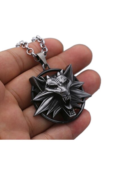 Herşey Nota Witcher Kurt 3 Boyutlu Kırmızı Göz Detaylı Siyah Kolye