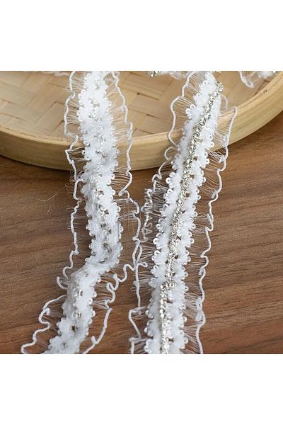 ESRA ŞELEM Stoned Flexible Tulle Detailed White Fringe Ribbon Decorative Ribbon
