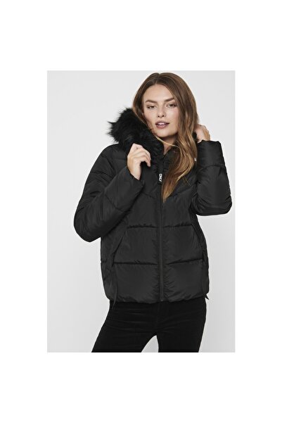 ONLY monica Short Puffer Γυναικείο Πουφερ Μαύρο Παλτό 15205638 - Αποσπώμενη Γούνα - 15160168