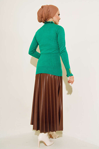 benguen 4019 Buttoned Wrists Knitted Detail Knitwear Sweater Green