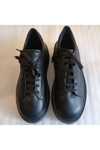 Giuseppe Mengoni Women's genuine cowhide black thick heavy flat non-slip polyurethane sole lace-up sneakers