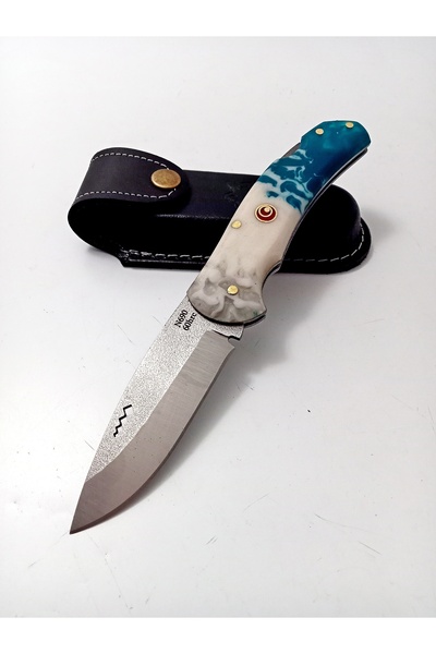 göcen El yapımı N690 Kişiselleştirilebilir Epoksi Kabzeli Sırttan Kilitli Çakı (mavi-beyaz)