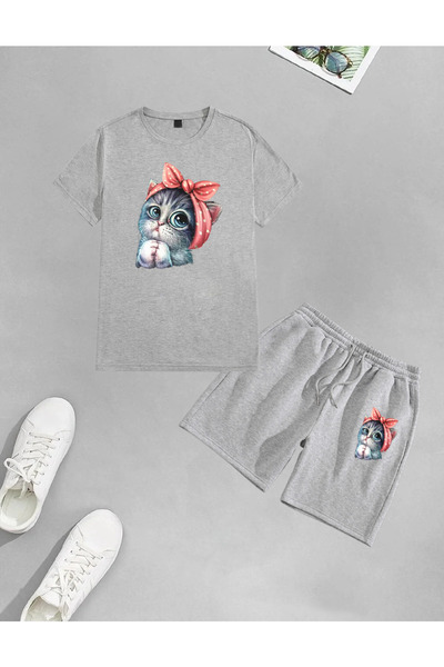 AY MONTANA مجموعة شورتات تي شيرت مطبوعة على شكل قطة صغيرة لطيفة للجنسين من AY...