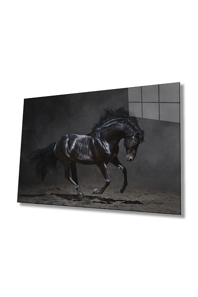 Rosyvien Portret de cal negru, peisaj natural sălbatic, pictură pe sticlă, decor de perete pentru casă și birou, cadou, sticlă călită