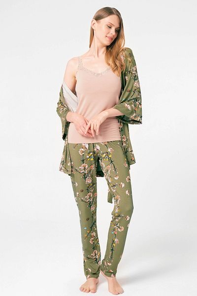 Anıl Rope Strap V-Neck Floral Patterned Winter Lace Detailed Pajamas