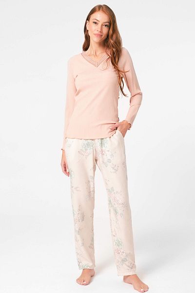 Anıl 9844 Long Sleeve V-Neck Viscose Floral Patterned Winter Knitted Regular Waist Lace Detailed Pajamas Set