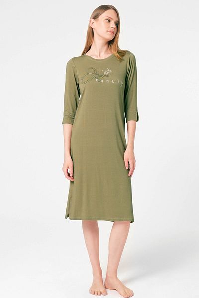 Anıl Short Half Sleeve Crew Neck Viscose plain Winter Knitted Embroidery Detailed Nightgown