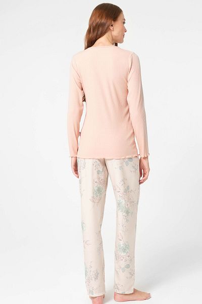 Anıl 9844 Long Sleeve V-Neck Viscose Floral Patterned Winter Knitted Regular Waist Lace Detailed Pajamas Set