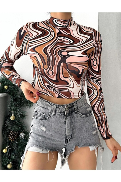 HELLODEAR Digital Zebra Patterned Long Sleeve Crop Blouse Brownbeige
