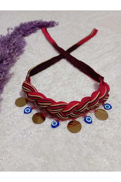 LABELLA COLLECTİON MONKEY FABRIC BRAIDED BANDANA PULLED EVIL EYE BEADS BINDED