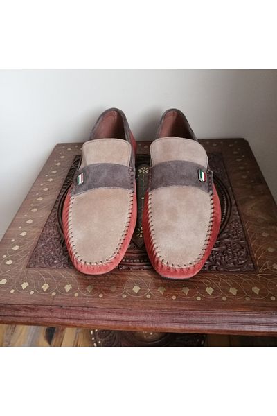 Butik Tülin Unisex genuine leather suede tile camel coffee combination banded hand-stitched multi-soft rubber sole loafer
