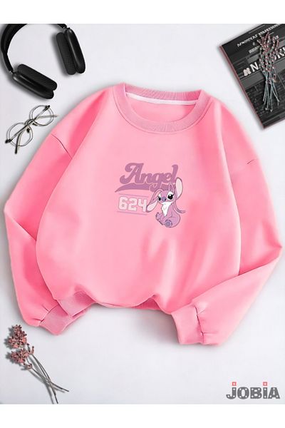 Jobia Outdoors Φούτερ Unisex με 3 νήματα Basic Crew Neck Lilo Angel Stitch με στάμπα ροζ ζαχαρωτό φλις φούτερ