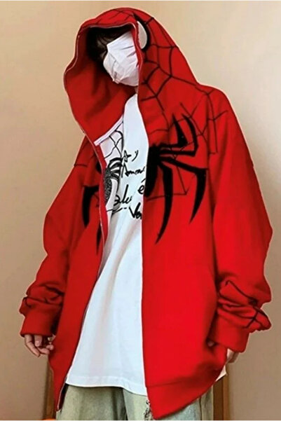 BROOD's Harajuku Kırmızı Kapüşonlu Siyah Spiderman Maske Overisze Hırka