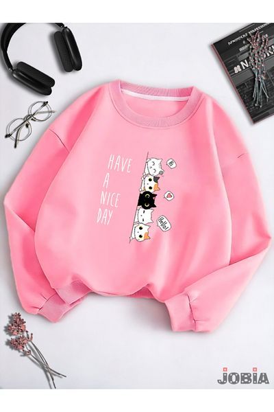 Jobia Outdoors Unisex 3 Thread Basic Crew Neck Have A Nice Day Φούτερ με στάμπα ροζ ζαχαρωτό φλις